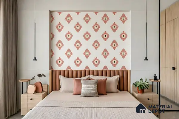 Scandinavian bedroom with geometric patterned wallpaper, tan suede upholstered bed, and light oak wardrobe of 4 BHK apartment in Sobha Althea and Azalea Whitefield in Bengaluru
