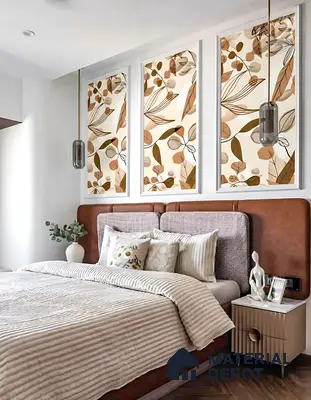 Modern bedroom with suede upholstered bed, beige floral wallpaper panels, and walnut brown wooden flooring of 4 BHK apartment in Sobha Althea and Azalea Whitefield in Bengaluru