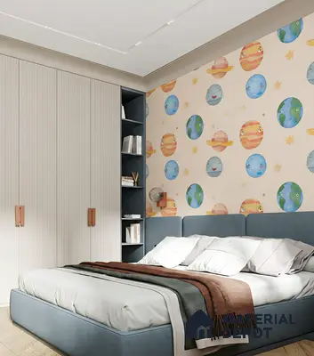 Modern kids room with space-themed wallpaper, fluted white wardrobe, and blue upholstered bed of 4 BHK apartment in Sobha Althea and Azalea Whitefield in Bengaluru