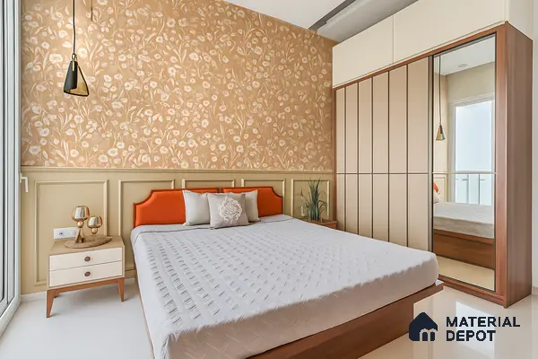 Modern bedroom with beige floral wallpaper, cream and wood laminate wardrobe, and paneled accent wall of 4 BHK apartment in Sobha Althea and Azalea Whitefield in Bengaluru