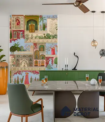 Eclectic dining room with Indian patterned wallpaper, olive green fluted cabinet, and marble dining table of 4 BHK apartment in Sobha Althea and Azalea Whitefield in Bengaluru