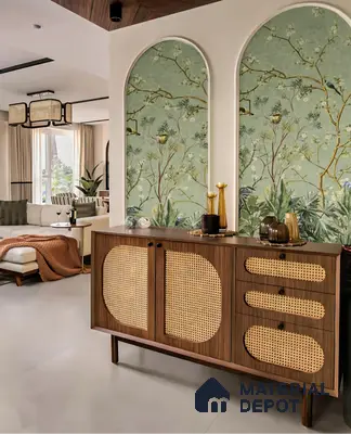 Mid-century modern foyer with cane-front walnut console and green chinoiserie wallpaper panels of 4 BHK apartment in Sobha Althea and Azalea Whitefield in Bengaluru
