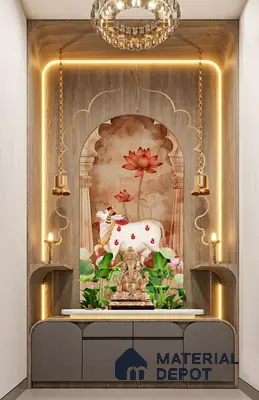Traditional pooja room with wood laminate, floral wallpaper, and backlit decorative panel of 4 BHK apartment in Sobha Althea and Azalea Whitefield in Bengaluru