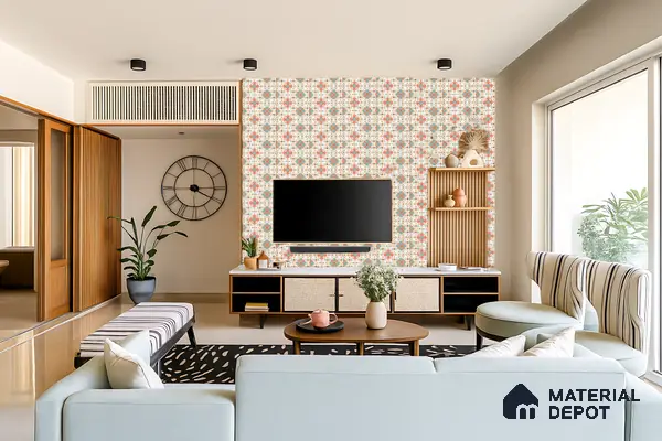 Modern living room with patterned wallpaper accent wall, wooden louvers, and rattan TV unit of 4 BHK apartment in Sobha Althea and Azalea Whitefield in Bengaluru