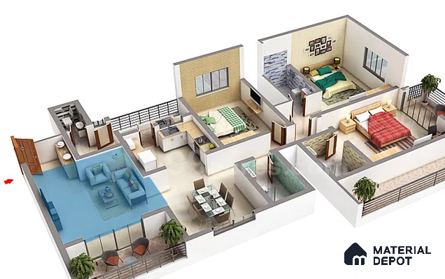 Modern living room with blue sectional sofa, glass center table, and beige tile flooring of 3 BHK apartment in Sobha City Casa Paradiso  Bengaluru