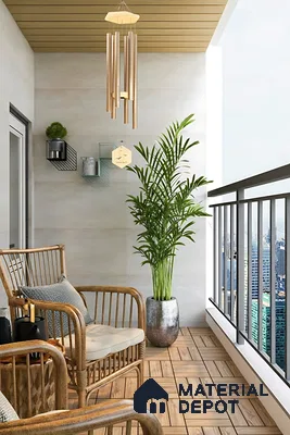 Scandinavian balcony with wooden deck tiles and rattan chairs of 3 BHK apartment in Sobha City Casa Paradiso  Bengaluru