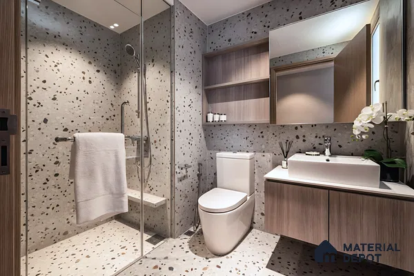 Modern bathroom with beige terrazzo wall and floor tiles and light oak laminate vanity of 3 BHK apartment in Sobha City Casa Paradiso  Bengaluru