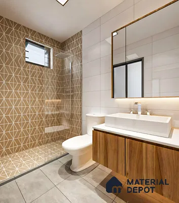Modern bathroom with tan geometric wall tiles, large grey floor tiles, and wood laminate vanity of 3 BHK apartment in Sobha City Casa Paradiso  Bengaluru