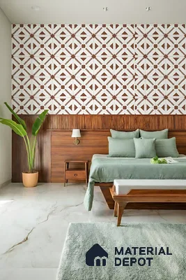 Scandinavian bedroom with geometric patterned wallpaper, walnut wood paneling, and marble floor tile of 3 BHK apartment in Sobha City Casa Paradiso  Bengaluru
