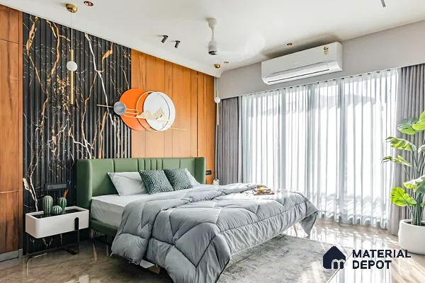 Modern bedroom with walnut wood panels, black marble fluted accent wall, and olive green upholstered bed of 3 BHK apartment in Sobha City Casa Paradiso  Bengaluru