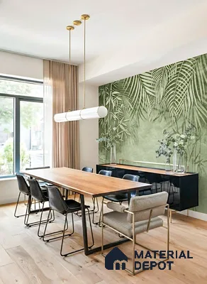 Modern dining room with tropical green wallpaper, natural wood dining table, and light oak wooden flooring of 3 BHK apartment in Sobha City Casa Paradiso  Bengaluru