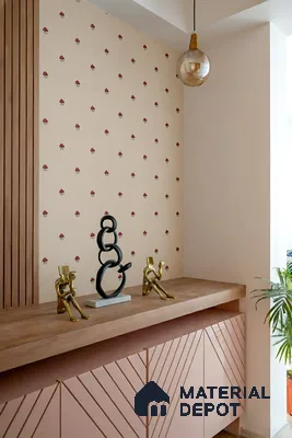 Modern foyer with blush pink geometric laminate, light wood top, and patterned wallpaper of 3 BHK apartment in Sobha City Casa Paradiso  Bengaluru