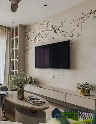 Modern living room with chinoiserie floral wallpaper and marble-look laminate TV unit of 3 BHK apartment in Sobha City Casa Paradiso  Bengaluru