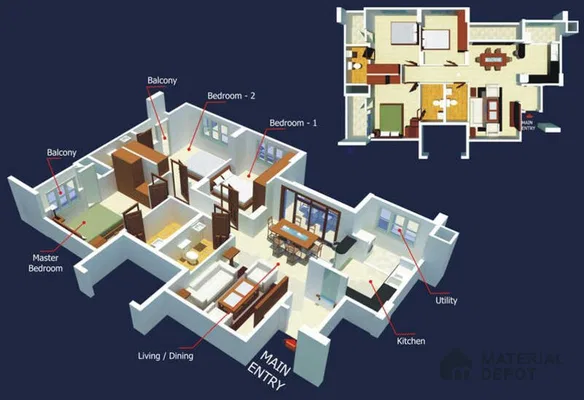 Modern 3BHK apartment floor plan with open living, dining, kitchen, and balcony spaces of 3 BHK apartment in Sobha Garrison Nagasandra in Bengaluru