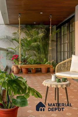 Bohemian balcony with terracotta patterned floor tiles, wooden ceiling, and rattan furniture of 3 BHK apartment in Sobha Garrison Nagasandra in Bengaluru