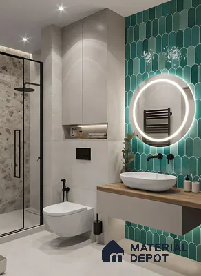 Modern bathroom with teal scallop wall tiles, stone shower wall, and wood countertop vanity of 3 BHK apartment in Sobha Garrison Nagasandra in Bengaluru