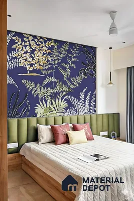 Eclectic bedroom with botanical wallpaper, olive green suede upholstered headboard, and wood laminate bed base of 3 BHK apartment in Sobha Garrison Nagasandra in Bengaluru