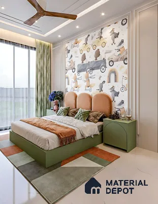 Modern kids room with playful animal wallpaper, sage green laminate bed, and geometric area rug of 3 BHK apartment in Sobha Garrison Nagasandra in Bengaluru