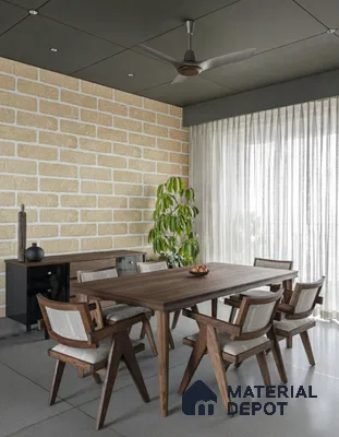 Scandinavian dining room with beige brick cladding wall and walnut wood dining set of 3 BHK apartment in Sobha Garrison Nagasandra in Bengaluru