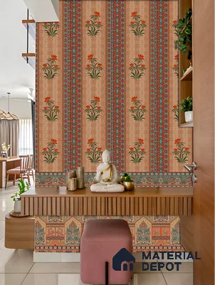 Traditional pooja room with floral patterned wallpaper and fluted wood laminate unit of 3 BHK apartment in Sobha Garrison Nagasandra in Bengaluru