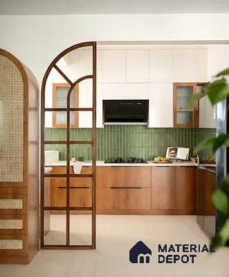 Modern kitchen with white and walnut brown laminate, green kitkat subway backsplash tile of 3 BHK apartment in Sobha Garrison Nagasandra in Bengaluru