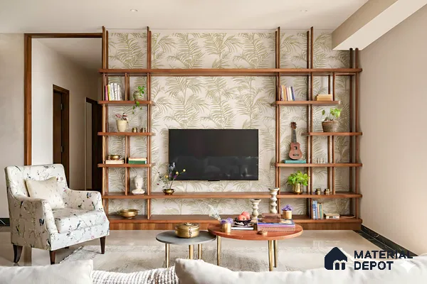 Modern living room with wooden open shelving, tropical wallpaper, and neutral palette of 3 BHK apartment in Sobha Garrison Nagasandra in Bengaluru