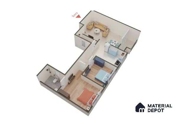 Modern 2BHK apartment layout with beige tile flooring, wood-look laminate bedroom flooring, and pastel blue kitchen cabinets of 2 BHK apartment in Sobha Rain Forest at Dream Acres Varthur in Bengaluru