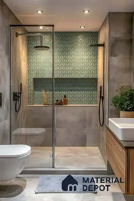 Modern bathroom with patterned green highlighter wall tile, grey stone wall tiles, and wood laminate vanity of 2 BHK apartment in Sobha Rain Forest at Dream Acres Varthur in Bengaluru