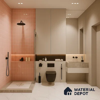 Modern bathroom with peach pink subway wall tiles and white marble look floor tiles of 2 BHK apartment in Sobha Rain Forest at Dream Acres Varthur in Bengaluru