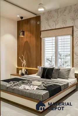 Modern bedroom with wood louver accent wall and beige botanical wallpaper of 2 BHK apartment in Sobha Rain Forest at Dream Acres Varthur in Bengaluru