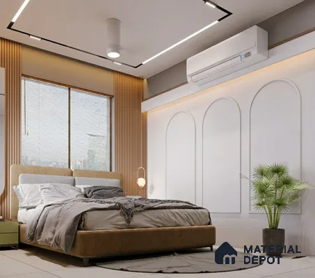 Modern bedroom with suede upholstered bed, wood fluted wall panels, and white accent wall of 2 BHK apartment in Sobha Rain Forest at Dream Acres Varthur in Bengaluru