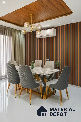 Modern dining room with marble-look tabletop, striped wall panels, and wooden ceiling accent of 2 BHK apartment in Sobha Rain Forest at Dream Acres Varthur in Bengaluru