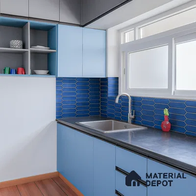 Modern kitchen with blue laminate cabinets, dark quartz countertop, and blue geometric backsplash tiles of 2 BHK apartment in Sobha Rain Forest at Dream Acres Varthur in Bengaluru
