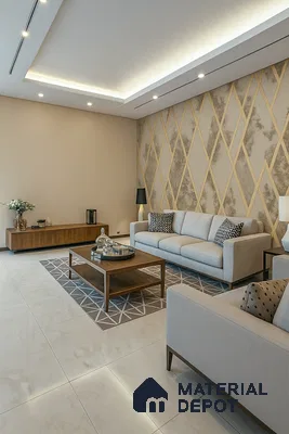 Modern living room with geometric wallpaper, beige marble floor tiles, and walnut wood furniture of 2 BHK apartment in Sobha Rain Forest at Dream Acres Varthur in Bengaluru
