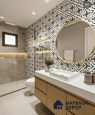 Modern bathroom with black-and-white floral patterned wall tiles, light oak vanity, and white countertop of 2 BHK apartment in Sobha Tropical Greens At Dream Acres Varthur in Bengaluru