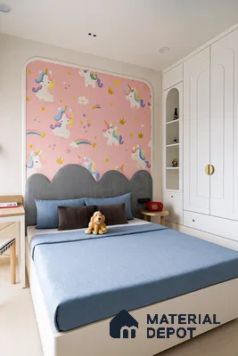 Modern kids room with unicorn patterned pink wallpaper, white laminate wardrobe, and blue upholstered bed of 2 BHK apartment in Sobha Tropical Greens At Dream Acres Varthur in Bengaluru