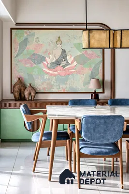 Eclectic dining room with Buddha mural wallpaper, marble dining table, and pastel green laminate cabinetry of 2 BHK apartment in Sobha Tropical Greens At Dream Acres Varthur in Bengaluru