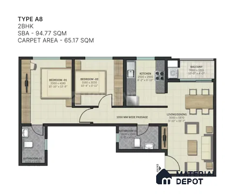 Modern 2BHK apartment floor plan with tiled flooring and wood laminate accents of 2 BHK apartment in Sobha Tropical Greens At Dream Acres Varthur in Bengaluru