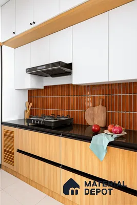 Modern kitchen with white laminate cabinets, light oak wood laminate, and terracotta kitkat backsplash tiles of 2 BHK apartment in Sobha Tropical Greens At Dream Acres Varthur in Bengaluru