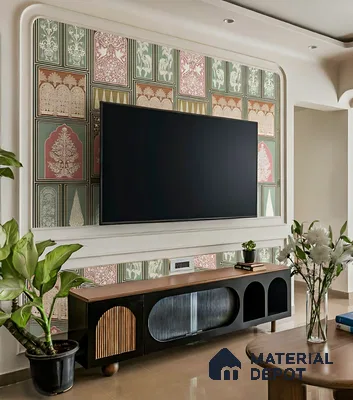Art Deco TV unit with Indian patterned wallpaper and black wood laminate cabinet of 2 BHK apartment in Sobha Tropical Greens At Dream Acres Varthur in Bengaluru