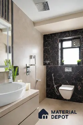 Modern bathroom with beige stone tiles and black marble wall tiles