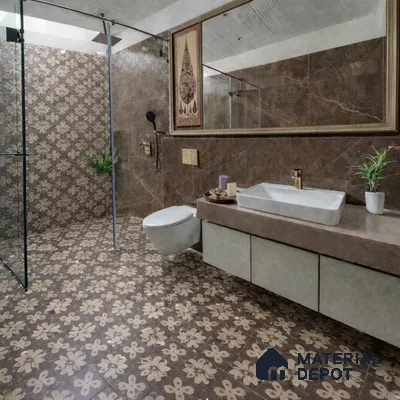 Modern bathroom with brown marble wall tiles and beige floral patterned floor tiles