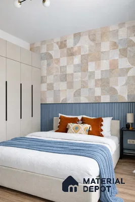 Scandinavian bedroom with beige laminate wardrobe, geometric patterned wallpaper, and blue fluted wall panel