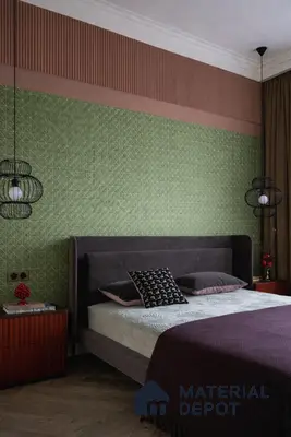 Mid-century modern bedroom with olive green geometric wall tile and mauve fluted wall panel