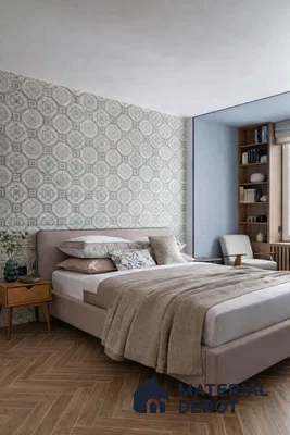 Scandinavian bedroom with patterned wallpaper and herringbone wood tile flooring