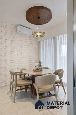 Scandinavian dining room with patterned wallpaper, beige marble tabletop, and light wood chairs
