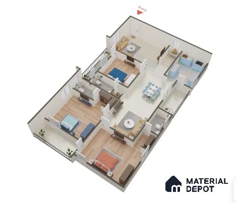 Modern 3BHK apartment layout with wood flooring, marble-look tiles, and modular built-ins