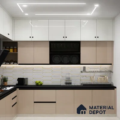 Modern dual tone kitchen with beige and frosty white laminate, black countertop, and geometric white and gold backsplash tile