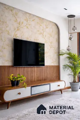Mid-century modern TV unit with fluted wood panels and beige floral wallpaper in living room