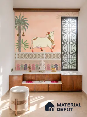 Traditional pooja room with pichwai wallpaper, white marble top, and walnut wood laminate cabinetry